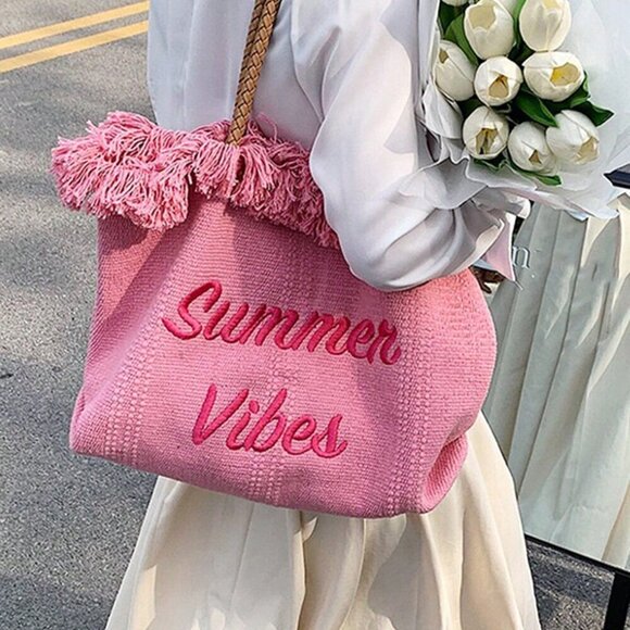 Pink Vacation Women's Large Capacity Letter & Tassel Canvas Tote Bag - Picture 3 of 8